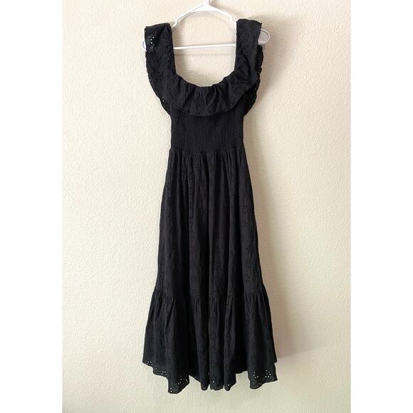 Tularosa Carlotta Eyelet Floral Midi Dress XS Black Smocked Ruffle Cottage FLAWS - Picture 3 of 13